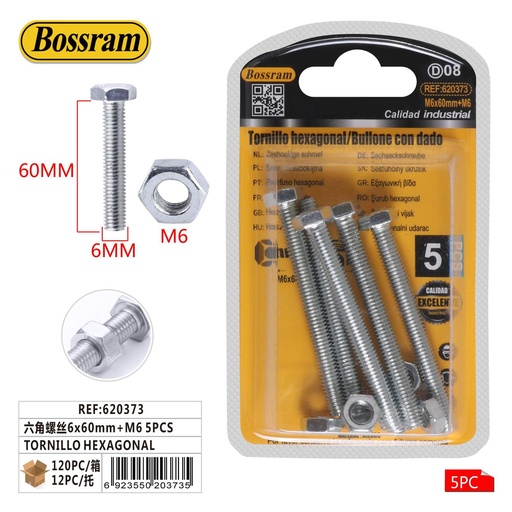 [620373] Tornillo hexagonal 6x60mm M6 5pcs para sujeción