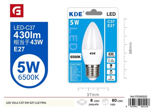 [170390222] Bombilla LED vela C37 5W E27 luz fría - Iluminación y bombillas LED