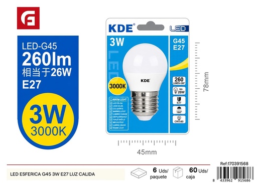 [170391568] Bombilla LED esférica G45 3W E27 luz cálida - Iluminación y bombillas LED
