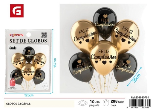 [203980764] Globos impresión en negro y dorado "Feliz Cumpleaños" 2.8g - Decoración de fiestas, paquete de 6