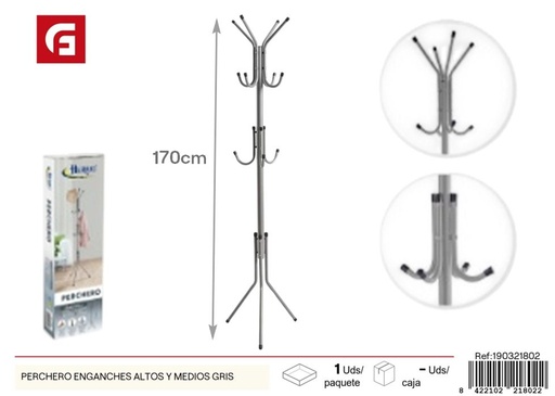 [190321802]  Perchero gris con ganchos altos y medios - Organizador de ropa y accesorios