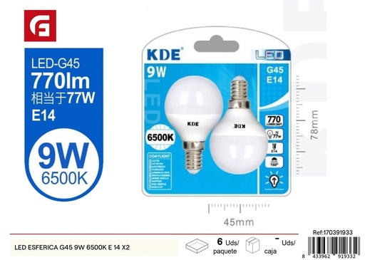 [170391933]  Bombilla LED esférica G45 9W 6500K E14 x2 - Iluminación y bombillas LED