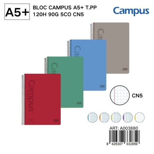 [A003880] Bloc A5+ Campus con tapa plástica 90g - Libretas y papelería