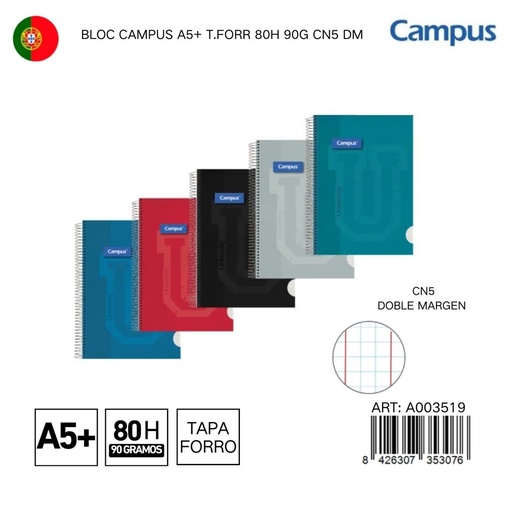 [A003519] Bloc A5+ Campus con tapa dura doble margen - Libretas y papelería