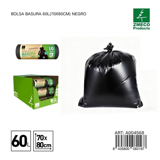 [A004568] Bolsa de basura 60L (70x80cm) negro - Productos desechables para el hogar