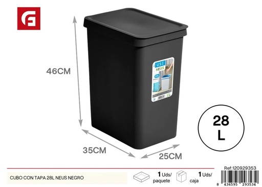 [120929353] Cubo de basura con tapa 28L negro - Accesorios para el hogar