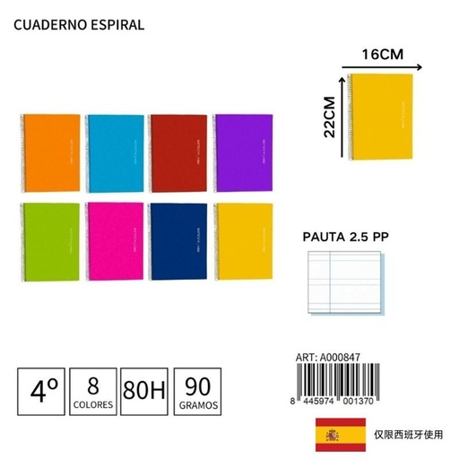 [A000847] Cuaderno espiral 4º 80H/90G 2 rayas 2.5 PP - Material escolar y cuadernos