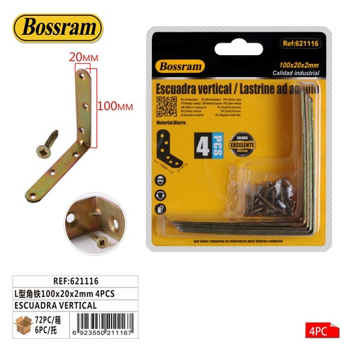 [621116] Escuadra vertical L 100x20x2mm 4 piezas para montaje y soporte