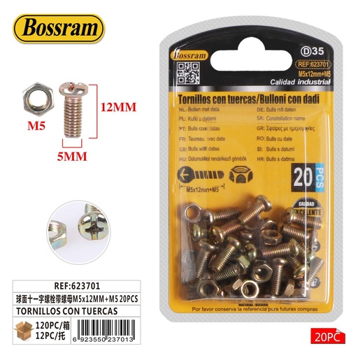 [623701] Tornillos con tuercas M5x12mm 20pcs para bricolaje