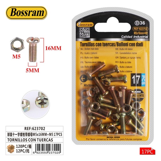 [623702] Tornillos con tuercas M5x16mm 17pcs para carpintería y bricolaje