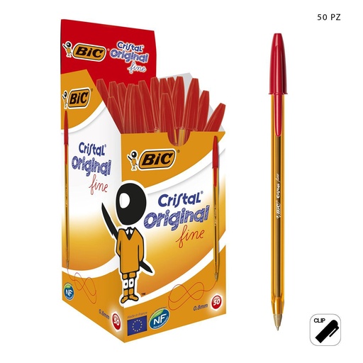 [A000189] Bolígrafo BIC Cristal Fine 0.8mm rojo, paquete de 50 unidades