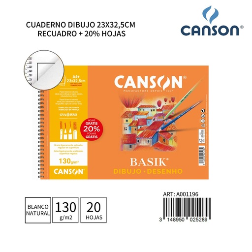 [A001196] Cuaderno de dibujo A4 23x32.5cm 130g 20h con recuadro - Papelería