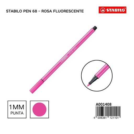 [A001408] Stabilo Pen 68 rotulador acuarelable fluorescente rosa 1mm