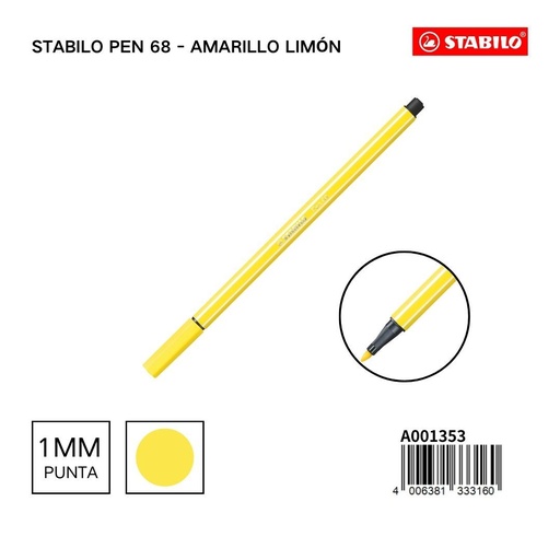 [A001353] Rotulador Stabilo Pen 68, 1mm, color amarillo limón para escritura y dibujo