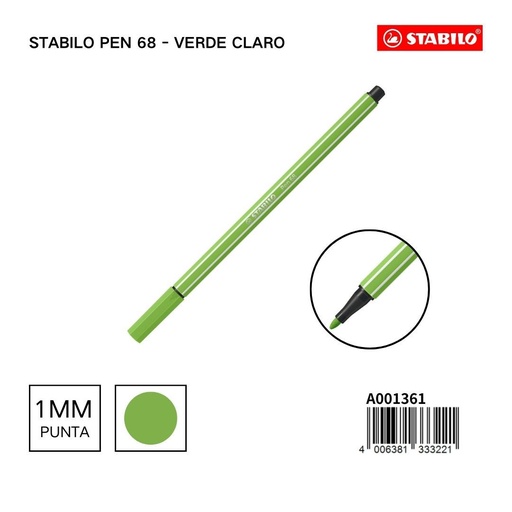 [A001361] Rotulador Stabilo Pen 68 verde claro 1mm para dibujo y escritura