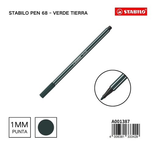 [A001387] Rotulador acuarelable Stabilo Pen 68 verde tierra 1mm