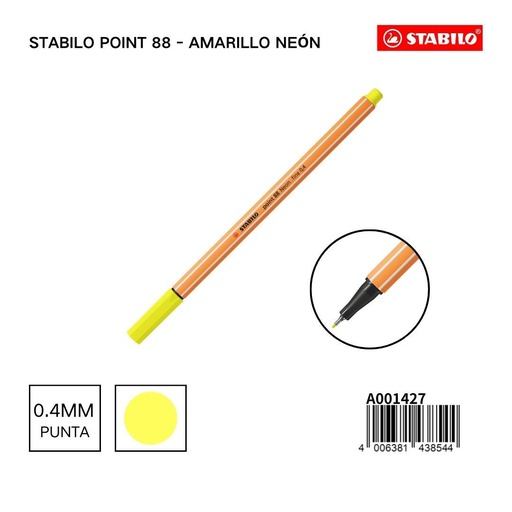 [A001427] Bolígrafo delgado STABILO point 88 amarillo neón - Artículos creativos