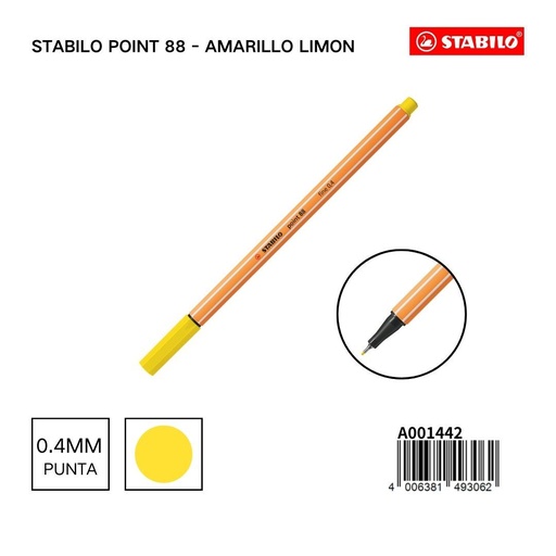 [A001442] Bolígrafo delgado STABILO point 88 amarillo limón - Papelería refrescante