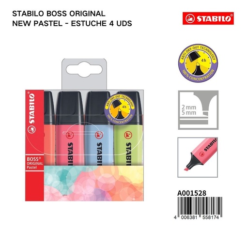 [A001528] Marcadores fluorescentes STABILO BOSS ORIGINAL nuevo pastel (4 colores) - Estuches de marcadores