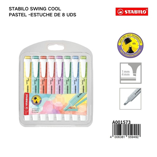 [A001573] Rotuladores fluorescentes Stabilo pastel swing cool 1-4mm, estuche de 8 uds para escritura y destacador