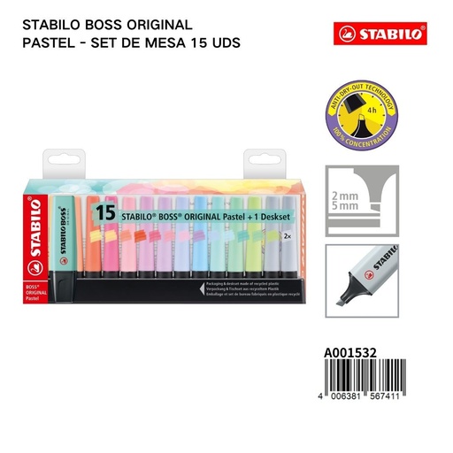 [A001532] Set de rotuladores fluorescentes Stabilo Boss Original Pastel 2/5mm 15 colores para resaltar