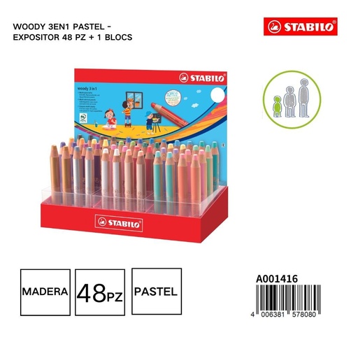 [A001416] Woody 3en1 pastel-expositor 48 piezas con 1 bloc de notas