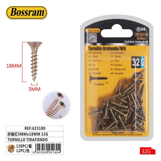 [625180] Tornillo tirafondo 3mm x 18mm 32g para madera y fijación