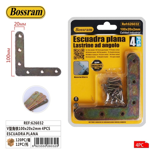 [626032] Escuadra plana 100x20x2mm 4pcs para soporte y montaje