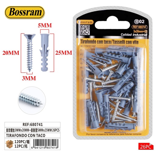 [680741] Tirafondo con taco 3mmx20mm + 5mmx25mm 26pcs para fijaciones seguras