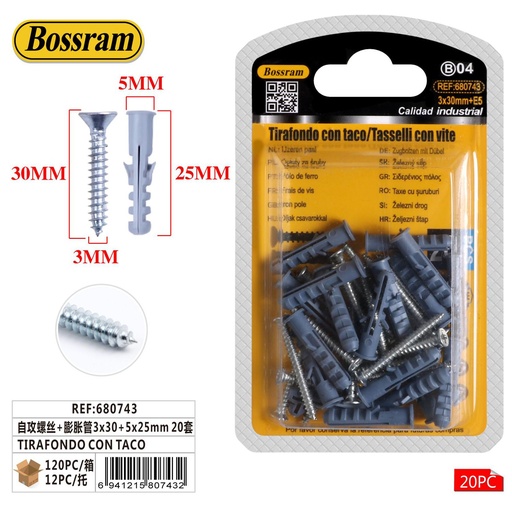 [680743] Tirafondo con taco 3x30+5x25mm 20pcs para fijación y montaje