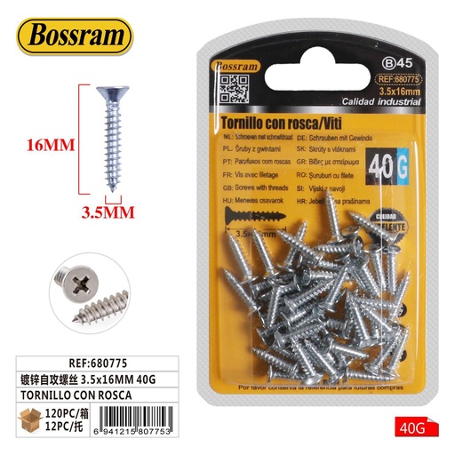 [680775] Tornillo con rosca autoperforante galvanizado 3.5x16mm 40g para sujeción