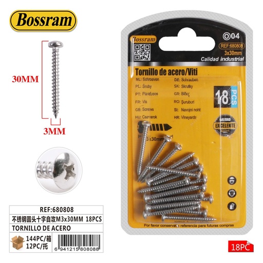 [680808] Tornillo de acero inoxidable de cabeza redonda M3x30mm 18pcs para fijación y bricolaje