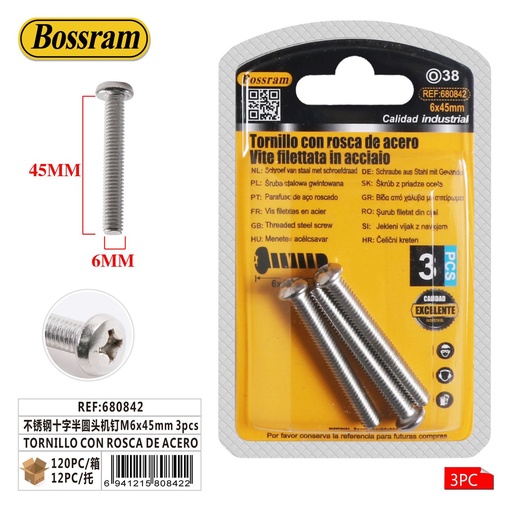 [680842] Tornillo con rosca de acero inoxidable M6*45 3pcs para ferretería