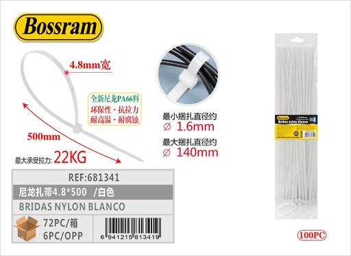 [681341] Bridas de nylon blanco 4.8x500mm para sujeción