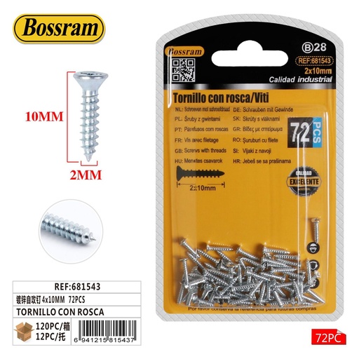 [681543] Tornillo con rosca 2x10mm 72pcs para fijación