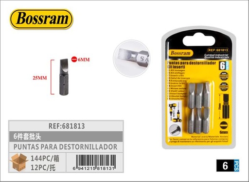 [681813] Conjunto de puntas para destornillador 6mm x 25mm 6 piezas