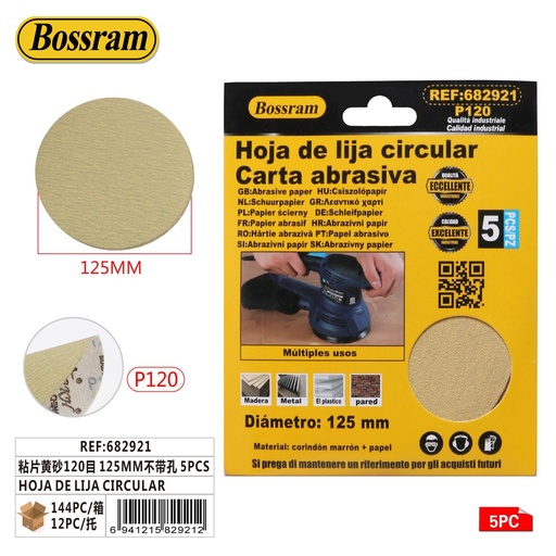 [682921] Hoja de lija circular 125mm 120 granos sin agujeros 5pcs