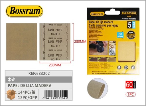 [683202] Papel de lija madera 230x280mm 60 grano 5 hojas para lijado