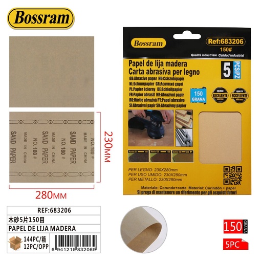 [683206] Papel de lija para madera 150 grit 5pcs para carpintería