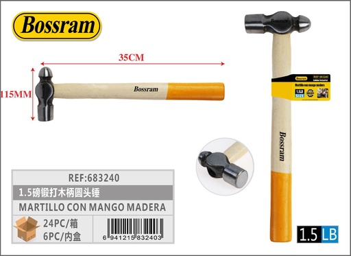 [683240] Martillo redondo con mango de madera 34.5x11.5cm 1.5lb para carpintería