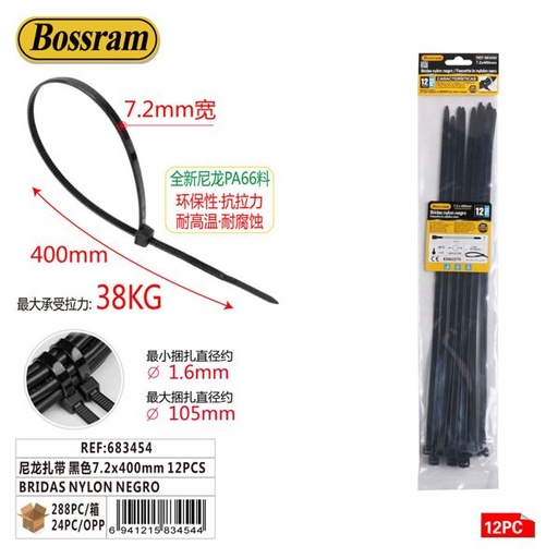 [683454] Bridas de nylon negro 7.2x400mm 12pcs para sujeción