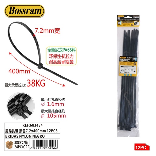 [683454] Bridas de nylon negro 7.2x400mm 12pcs para sujeción