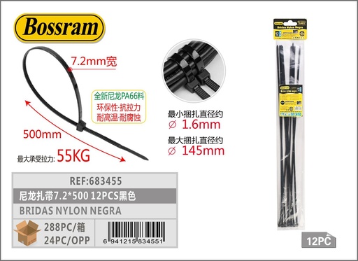 [683455] Bridas de nylon negro 7.2x500mm 12 piezas para sujeción