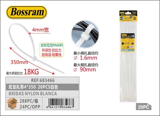 [683466] Bridas de nylon blancas 4x350mm 20pcs para sujeción