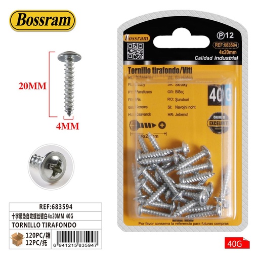 [683594] Tornillo tirafondo autoperforante 4x20mm 40g para madera y metal