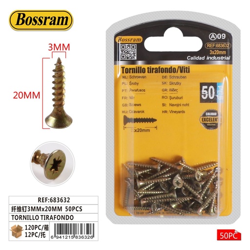 [683632] Tornillo tirafondo 3mm x 20mm 50 piezas para fijaciones seguras