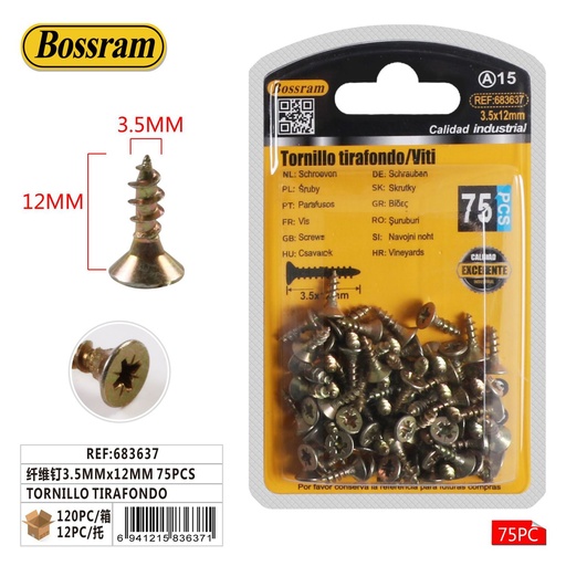 [683637] Tornillo tirafondo 3.5mm x 12mm 75pcs para ferretería