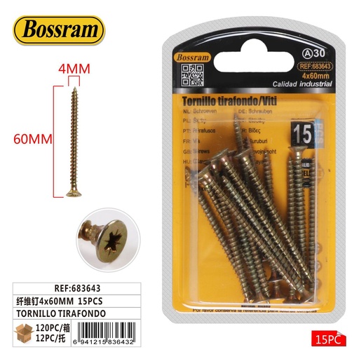 [683643] Tornillo tirafondo 15pcs 4x60mm para madera y construcción