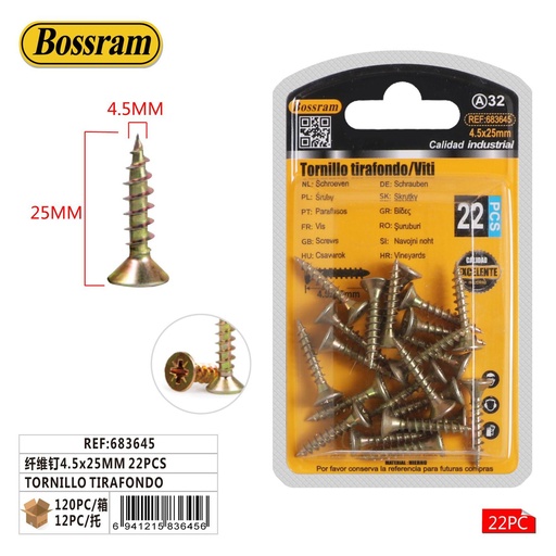 [683645] Tornillo tirafondo de fibra 4.5x25mm 22pcs para sujeción y fijación