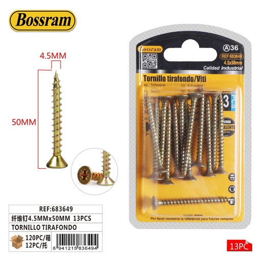 [683649] Tornillo tirafondo 4.5x50mm 13pcs para fijación y construcción